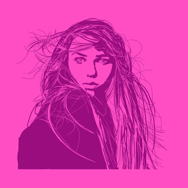 Artistic silhouette of a woman on a pink background with wind in her hair