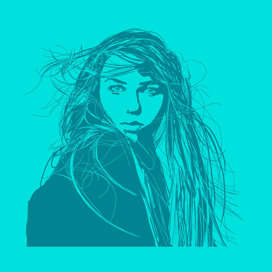 Artistic silhouette of a woman on a pink background with wind in her hair