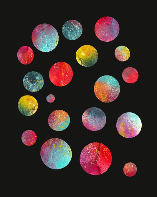 Colorful galaxy-patterned circles on a black background