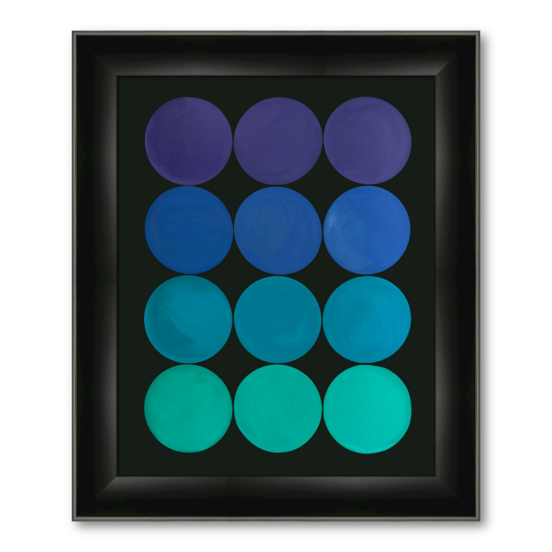 Discs in grid pattern in purple, blue and green. 