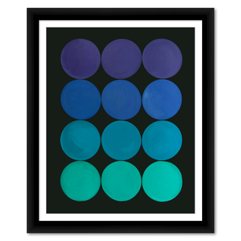 Framed artwork with a pattern of blue and purple circles on a black background