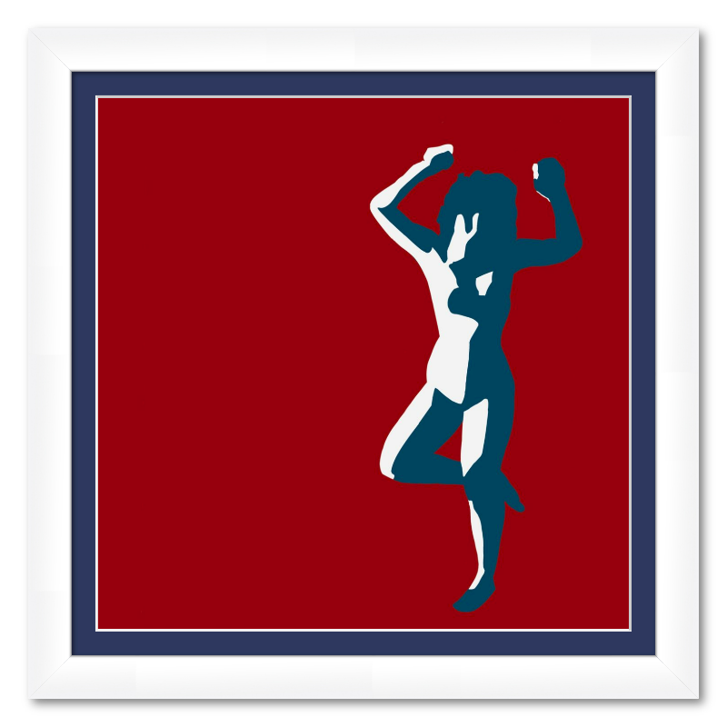 Blue silhouette of a dancing figure on a red background with white frame