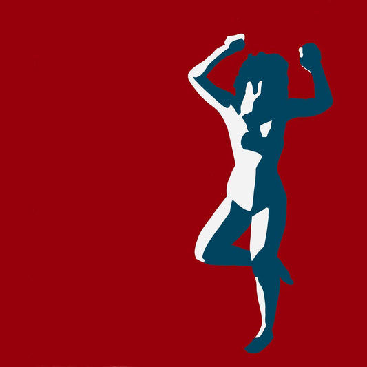 Blue silhouette of a dancing figure on a red background