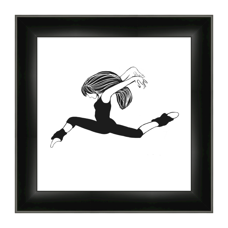 Black and white illustration of a dancer in mid-air on a white background with a black frame.