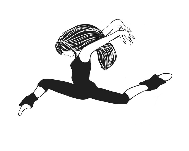 Black and white illustration of a dancer in mid-air on a white background
