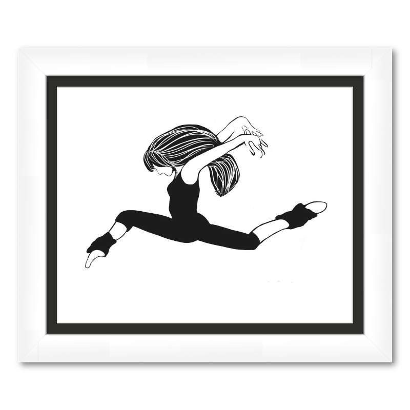 Black and white illustration of a dancer in mid-air on a white background In white frame with black mat
