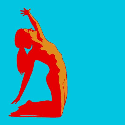 Silhouette of a figure in red and orange on a blue background