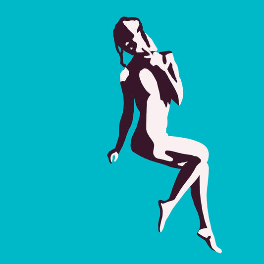 Dark blue and white silhouette of a woman sitting on a turquoise background