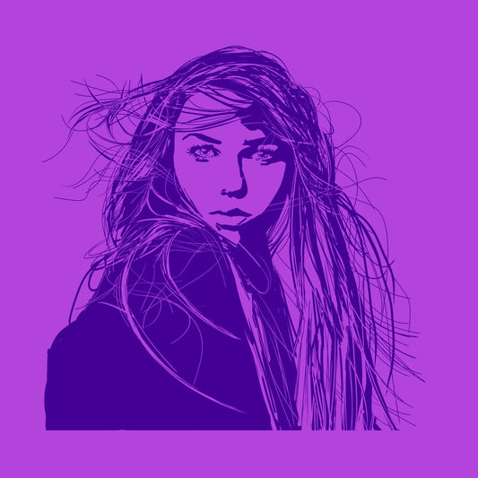 Artistic silhouette of a woman on a pink background with wind in her hair 