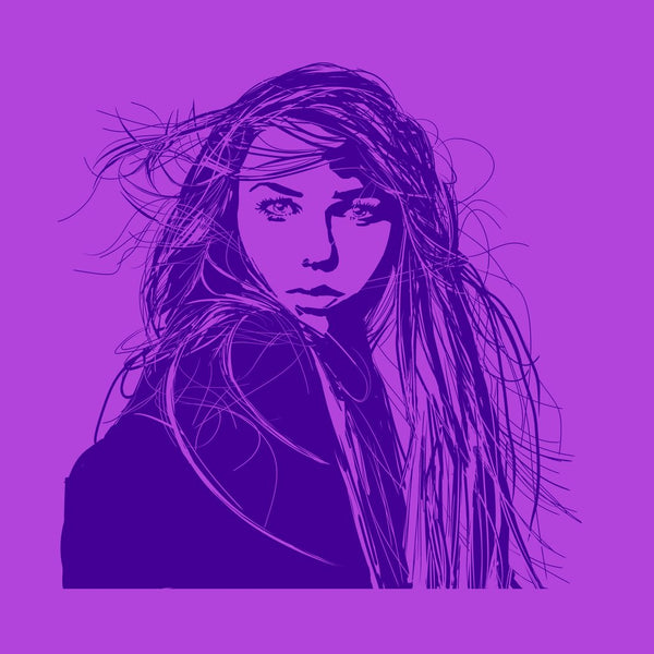 Artistic silhouette of a woman on a pink background with wind in her hair 