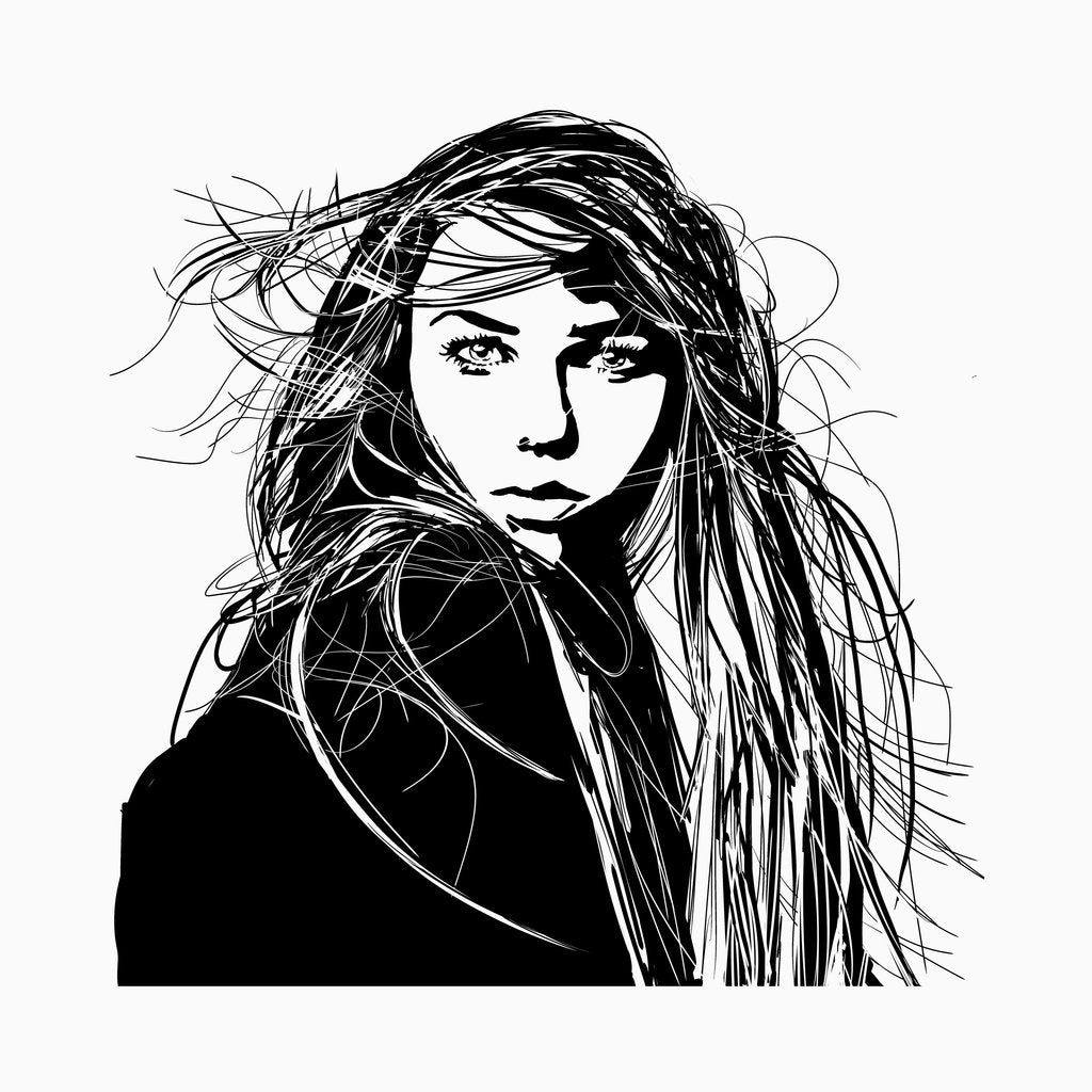 Artistic silhouette of a woman on a pink background with wind in her hair 