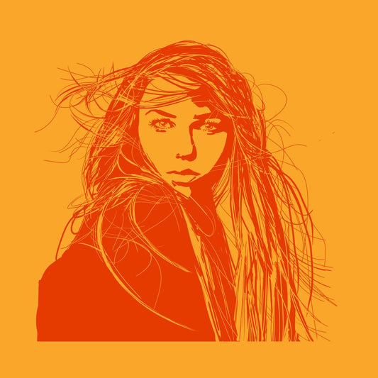 Artistic silhouette of a woman on a pink background with wind in her hair 