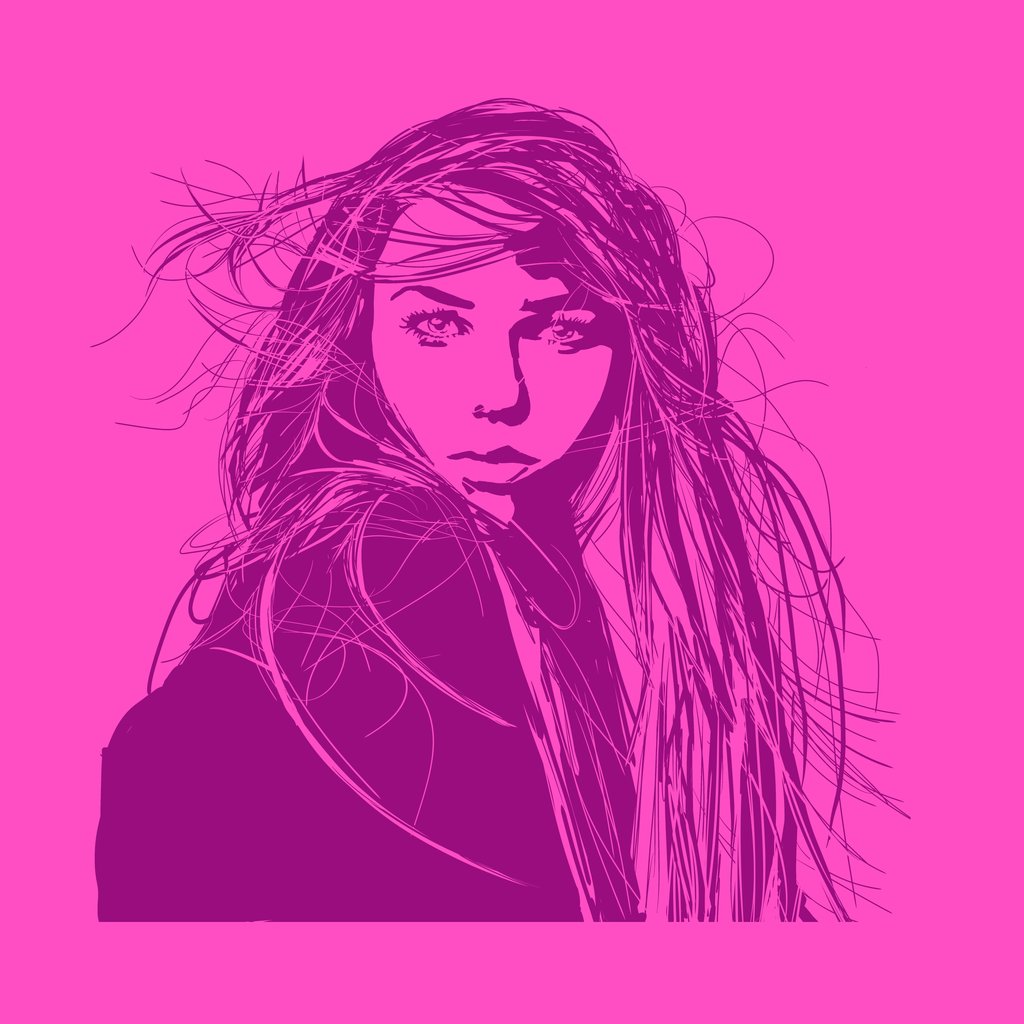 Artistic silhouette of a woman on a pink background with wind in her hair 