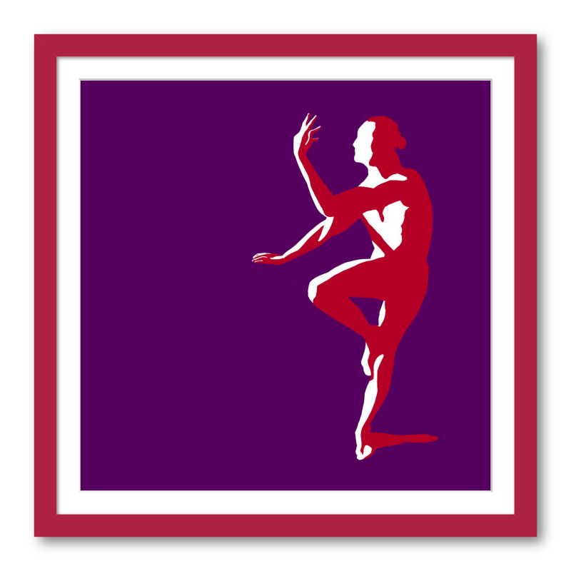 Red and white silhouette of a figure practicing yoga on a purple background  with red frame