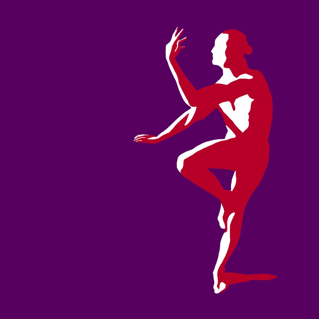 Red and white silhouette of a figure practicing yoga on a purple background