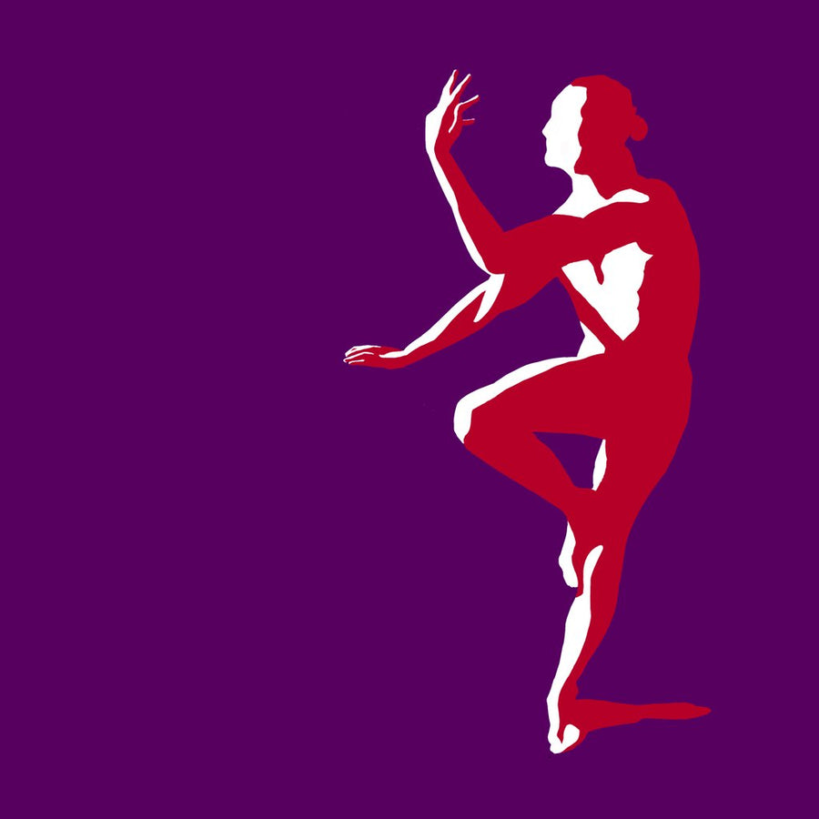 Red and white silhouette of a figure practicing yoga on a purple background