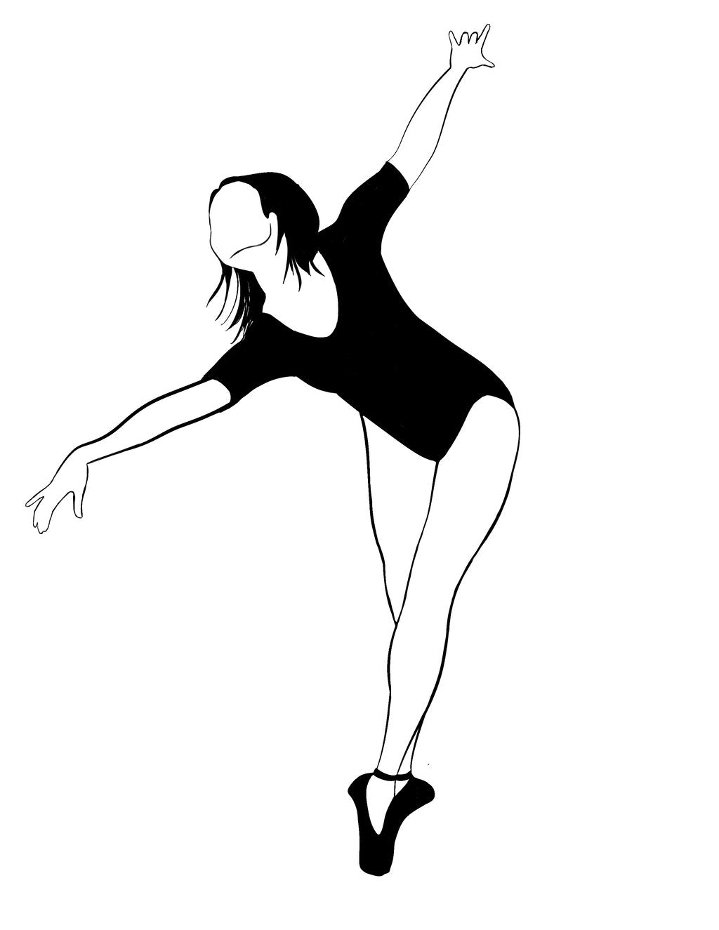 Black and white line drawing of a dancer in a pose on a white background